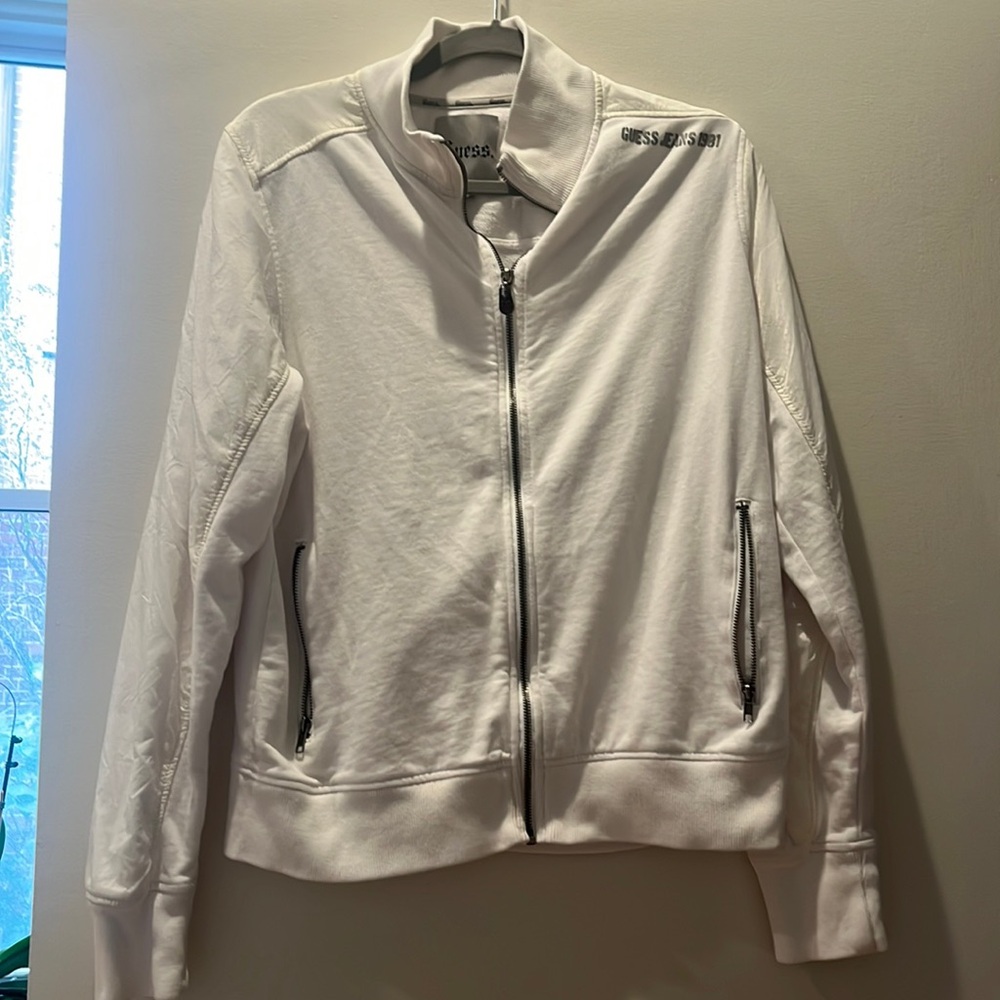 Mens White Guess Zip Up Sweater with Mesh